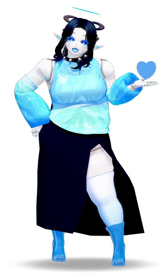 a full body render of umi. umi is a chubby shapeshifter who currently takes the feminine appearance of a sort of doll-like android with dark, long hair tied into a ponytail and blue eyes with a black sclera. their ears are pointed and elf-like, and they sport a light blue halo over a usb cable tied as a bow to hold their hair up. they also have a usb shaped tail. they are wearing a black spiked choker with a crescent pendant with a top and sleeves that feature an ocean scenery. this is paired with a black long skirt with a slit on the left side, long socks that hug umi's thighs tightly, and blue jelly boots.